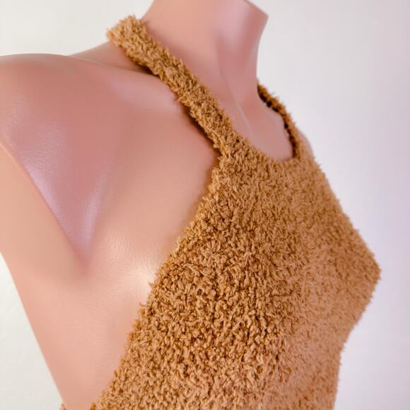 SKIMS Cozy Knit Teddy Tie Open Back Halter Bra Crop Top Camel Lounge Size L NEW - Picture 6 of 12